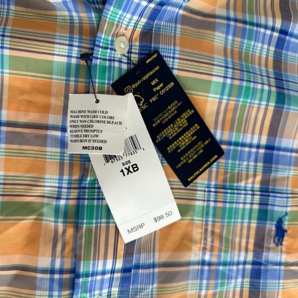 RALPH LAUREN Button Down Plaid Shirt Orange Blue Stretch Fit Long Sleeve Sz 1XB - Picture 2 of 5